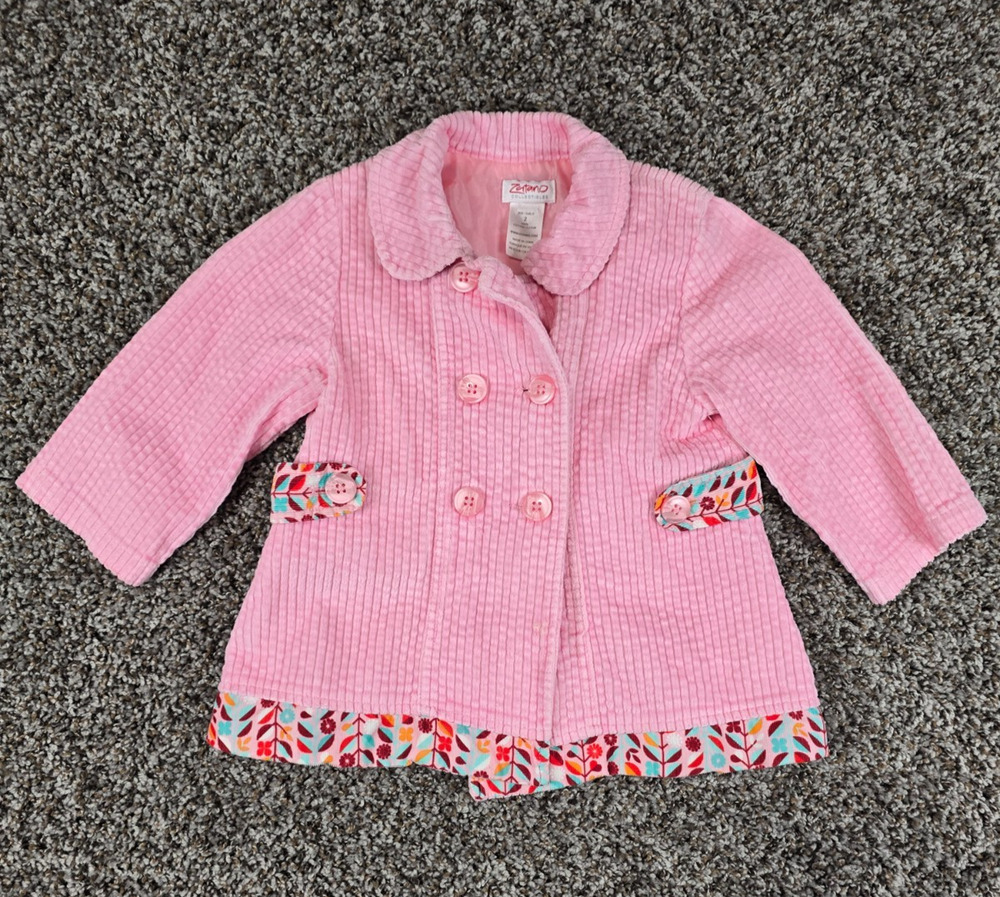 Zutano Toddler Girls Sz 2 Light Pink Corduroy Pea Coat Floral Trim